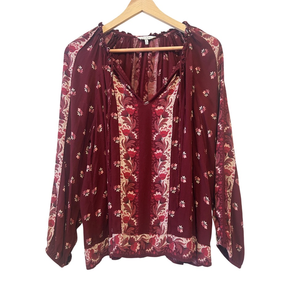 Lucky Brand Womens Peasant Blouse XL Burgundy Floral Paisley Boho Tie Neck Top